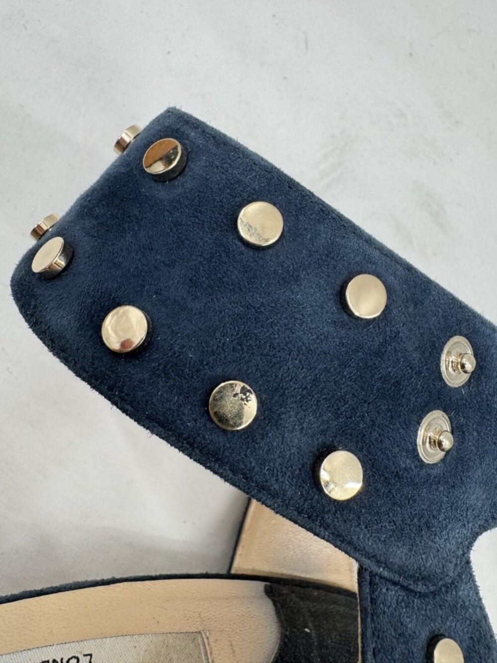JIMMY CHOO Dark Navy Suede Studded Cork Nelly Wedge Sandals Heels Shoes Sz 41.5 - Picture 11 of 16